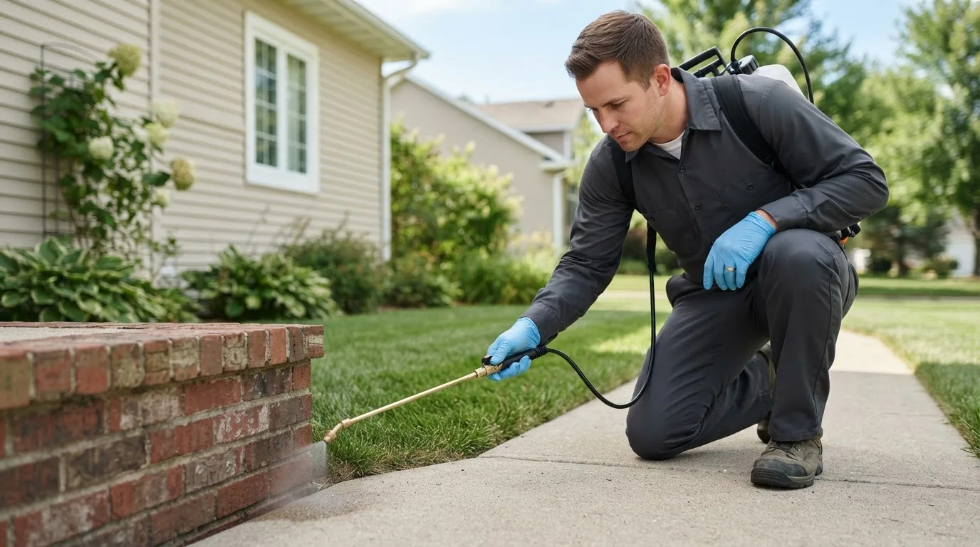 Pest control technician treating a home near Bluffton, AR