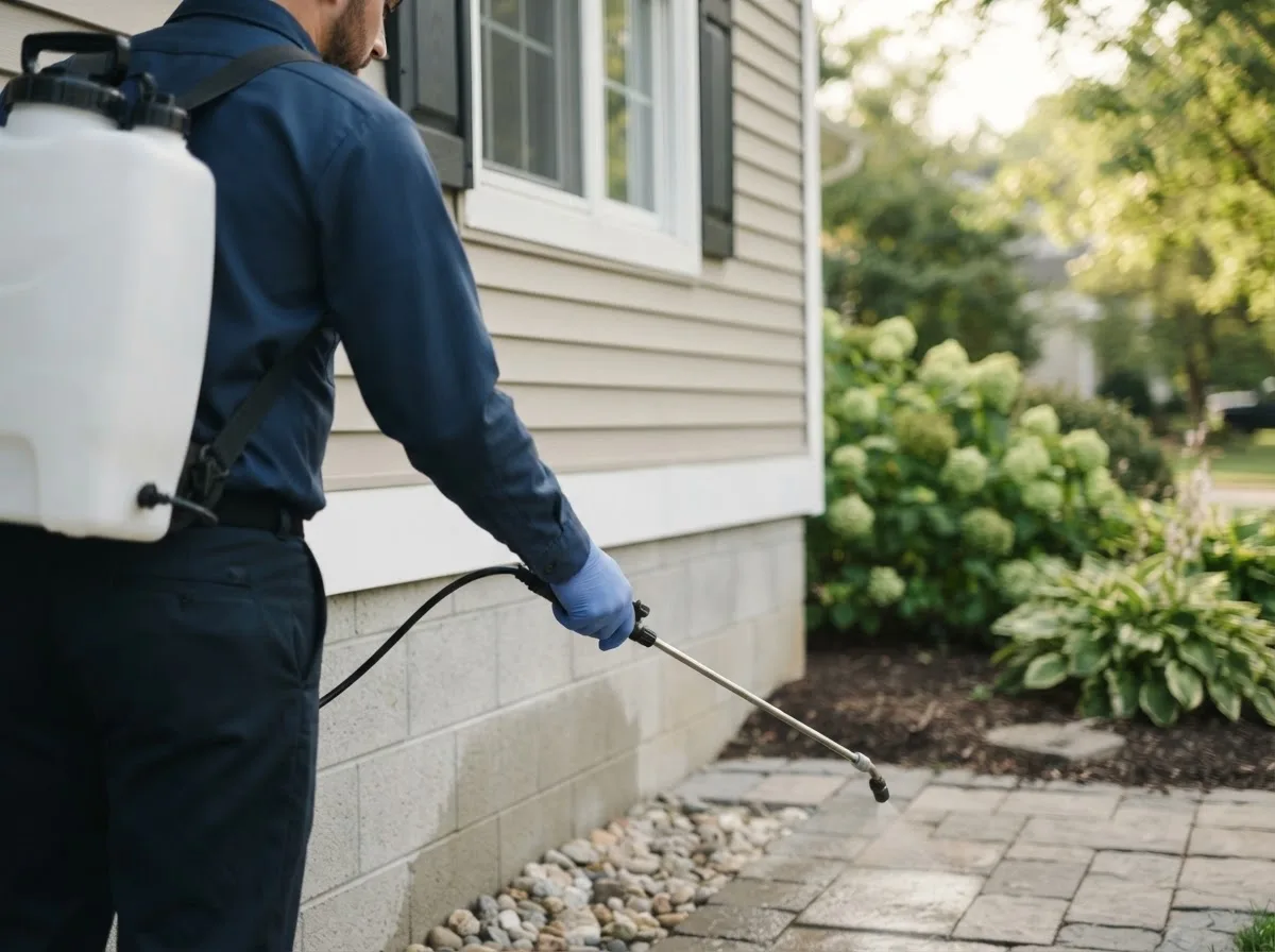 Pest control technician inspecting a home in Bluffton, AR